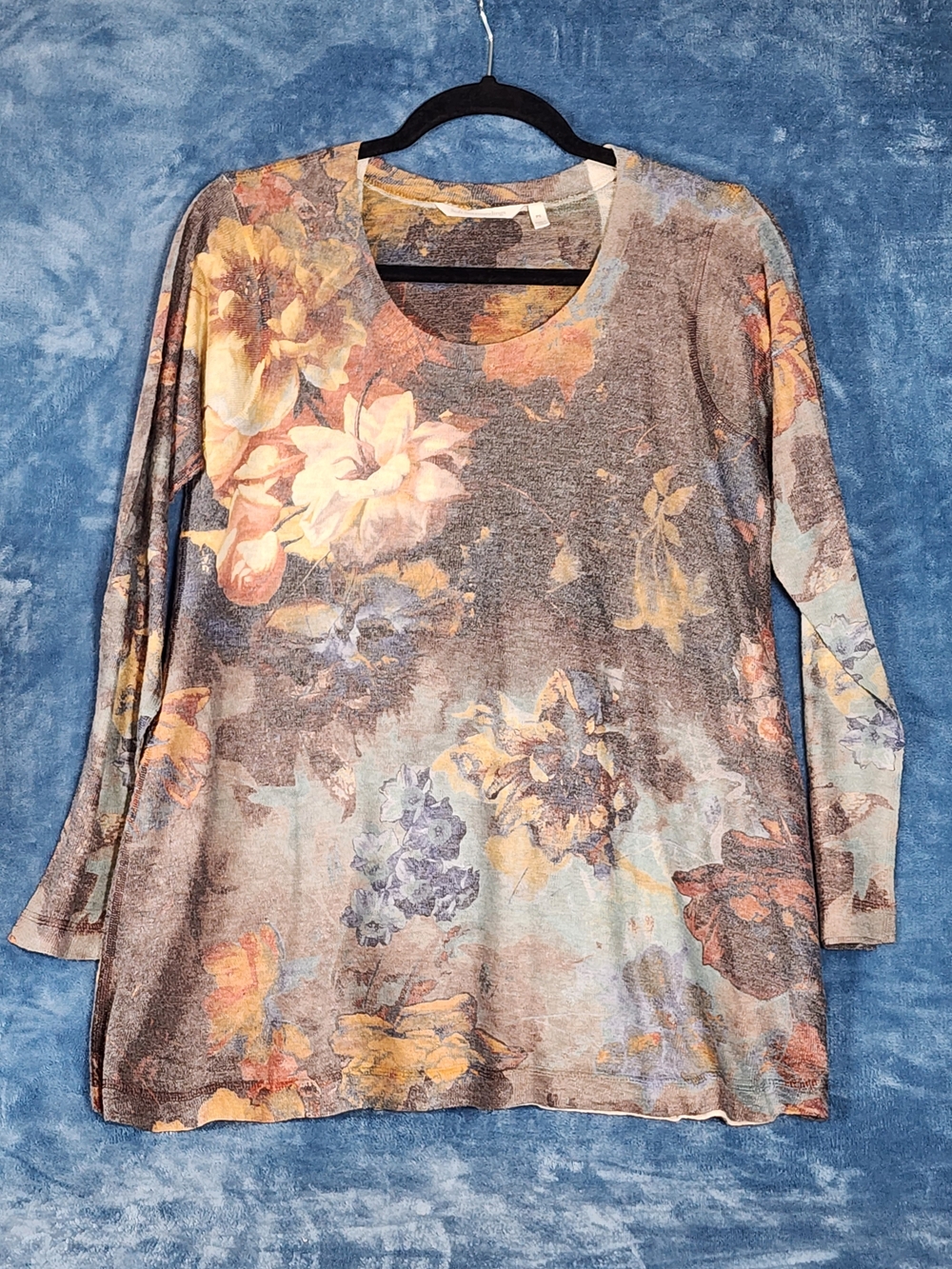 Soft Surroundings Floral Long-Sleeve Scoop Neck Top in Brown, Yellow and Blue